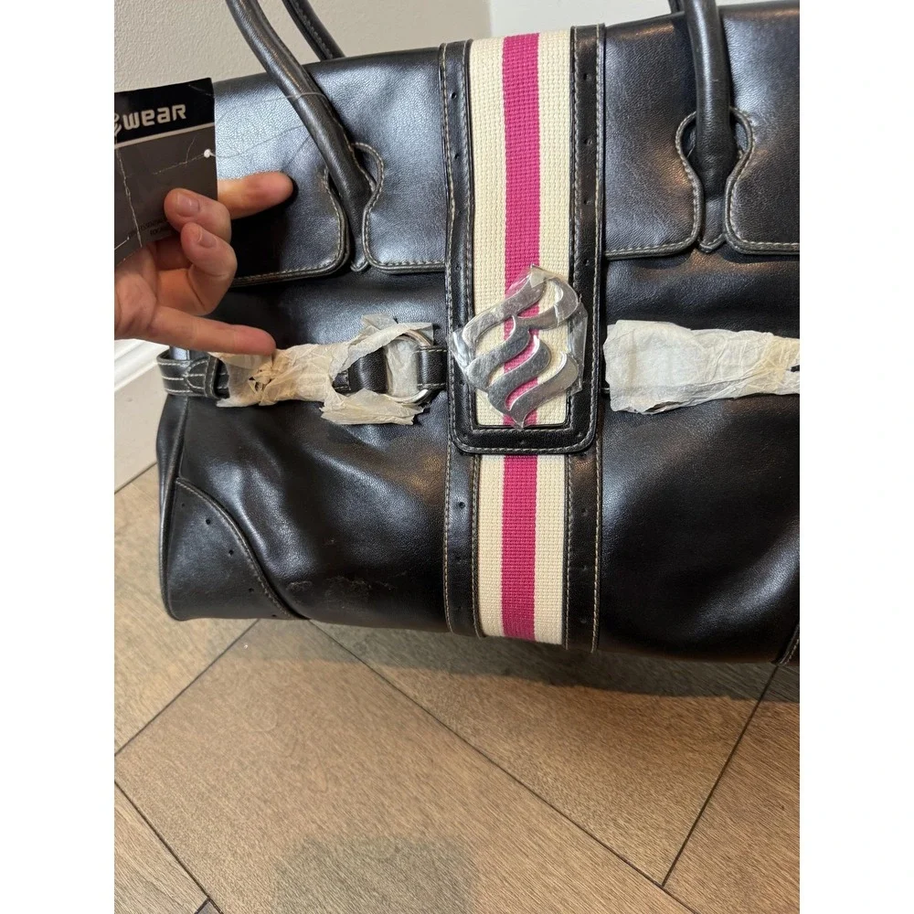 Rocawear Satchel Bag Womens Large Black Faux Leather Stripe Pink Lining Logo Y2K